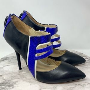 L.A.M.B. Gwen Stefani Wilson Pointed Toe Blue Black Snake Stiletto Pumps 8.5